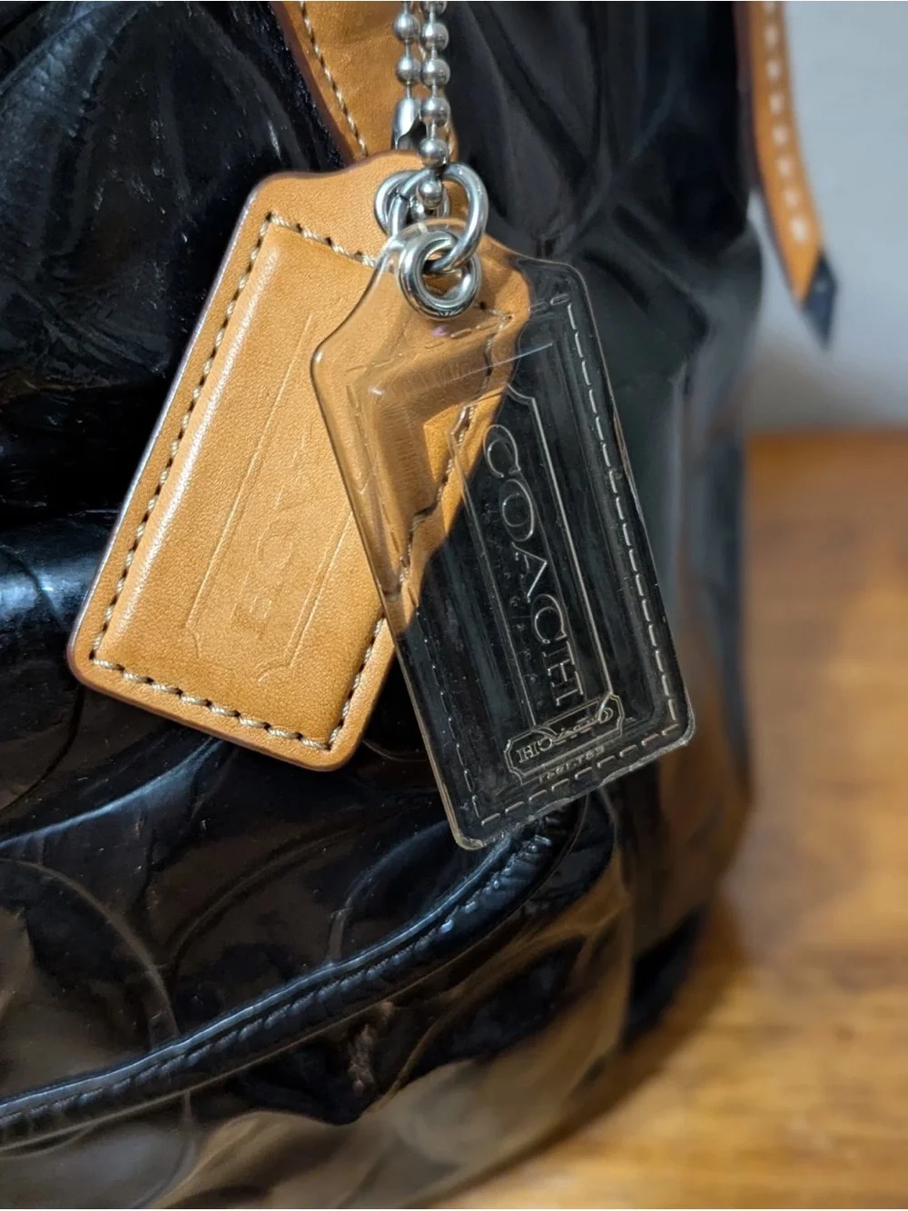 COACH Signature LEAH Black Embossed Patent Leather Logo SHOULDER TOTE BAG F14663